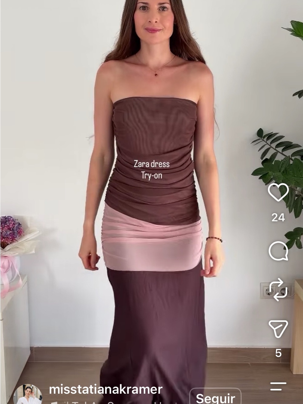 Zara Strapless Brown and Light Pink Ruched Maxi Dress